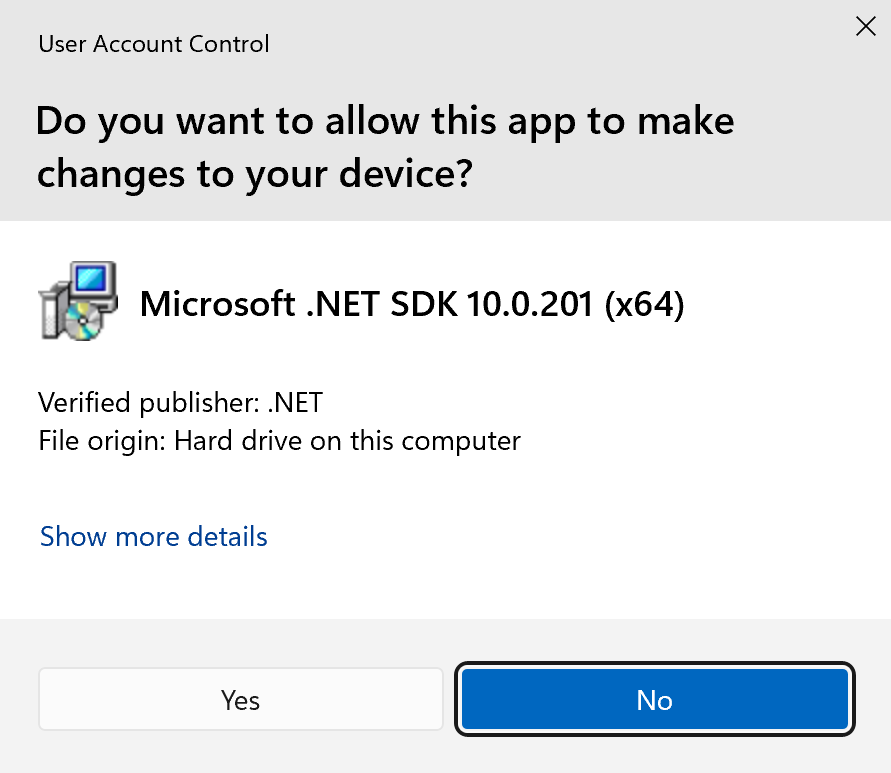 UAC dialog - verify the Microsoft Corporation publisher and click Yes