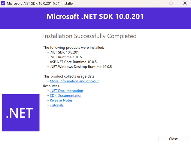 .NET SDK installation complete