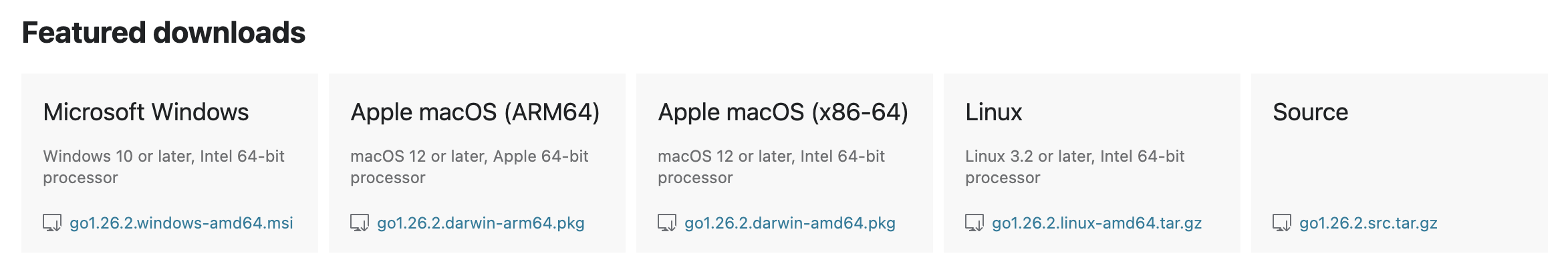 Featured downloads section on the Go official download page (installer list for each OS)