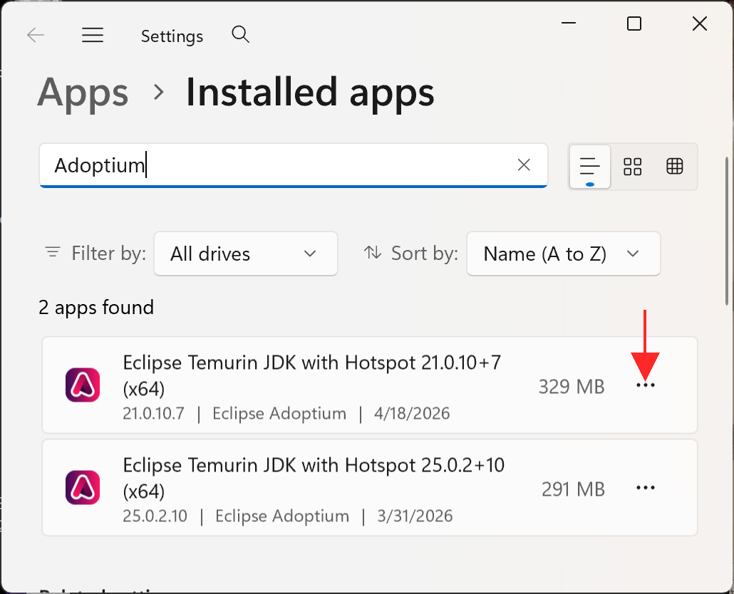 Installed apps view in Settings, searching for Adoptium. A red arrow points to the '⋯' button on the right end of the JDK entry
