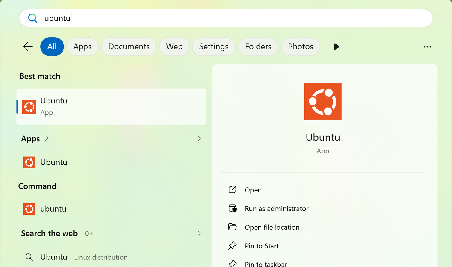 Searching for Ubuntu in the Start Menu