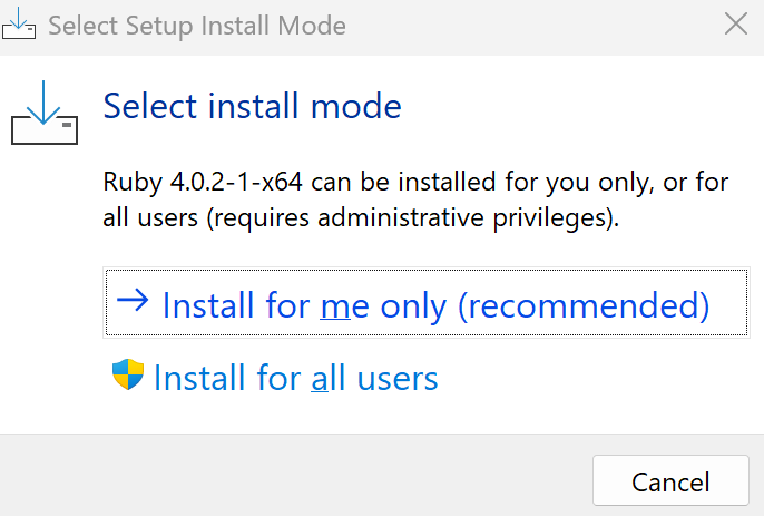 RubyInstaller install mode selection