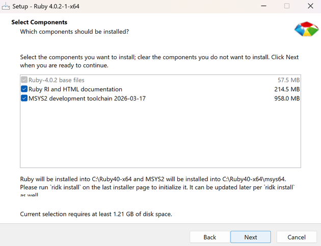 RubyInstaller component selection
