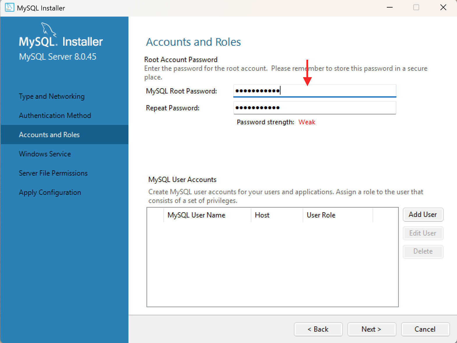 MySQL Installer Accounts and Roles screen with root password set