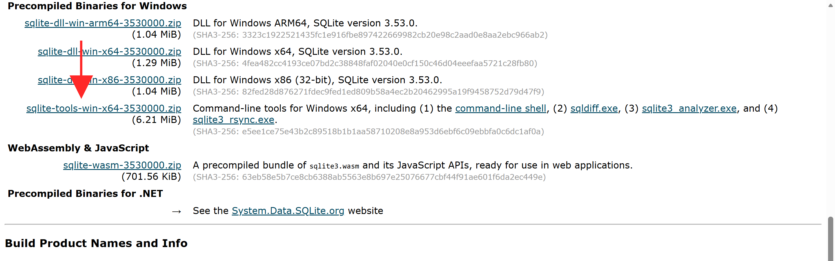sqlite.org download page with a red arrow pointing at the sqlite-tools-win-x64 ZIP link