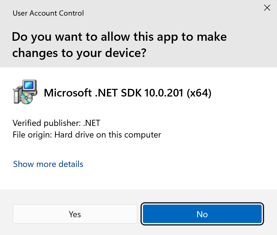 UAC ダイアログ - Microsoft Corporation の発行元を確認して「はい」をクリック