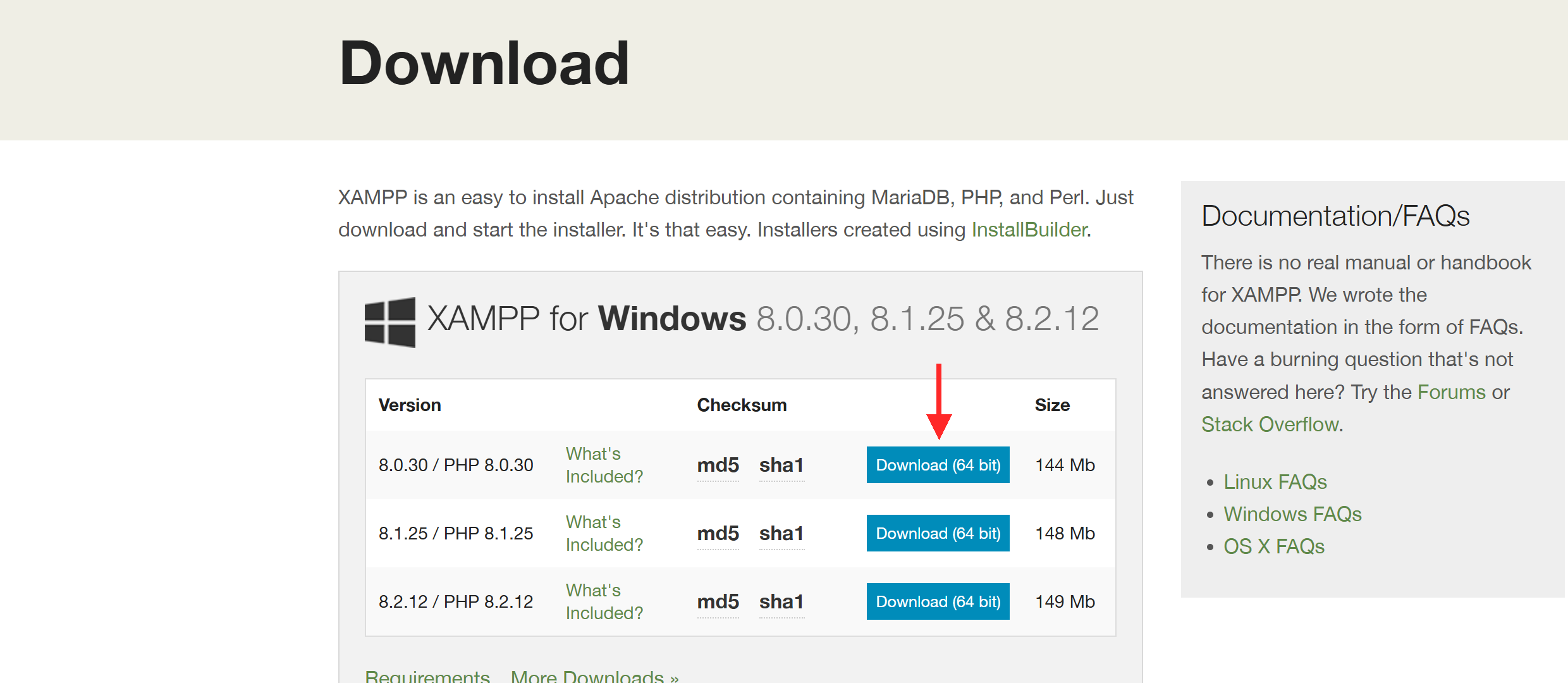 apachefriends.org のダウンロードページで Windows 版の『Download (64 bit)』ボタンに赤矢印