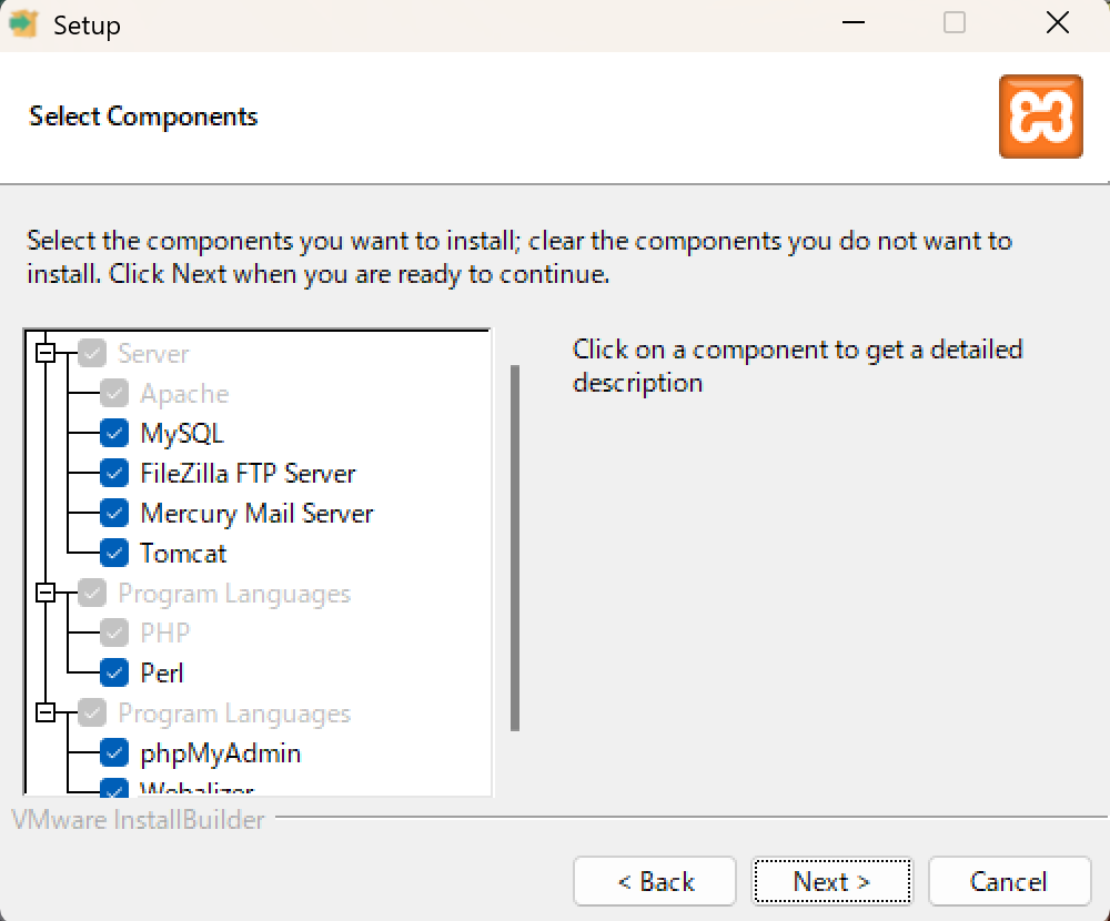 XAMPP セットアップの『Select Components』画面でインストール対象のコンポーネントが一覧表示されている