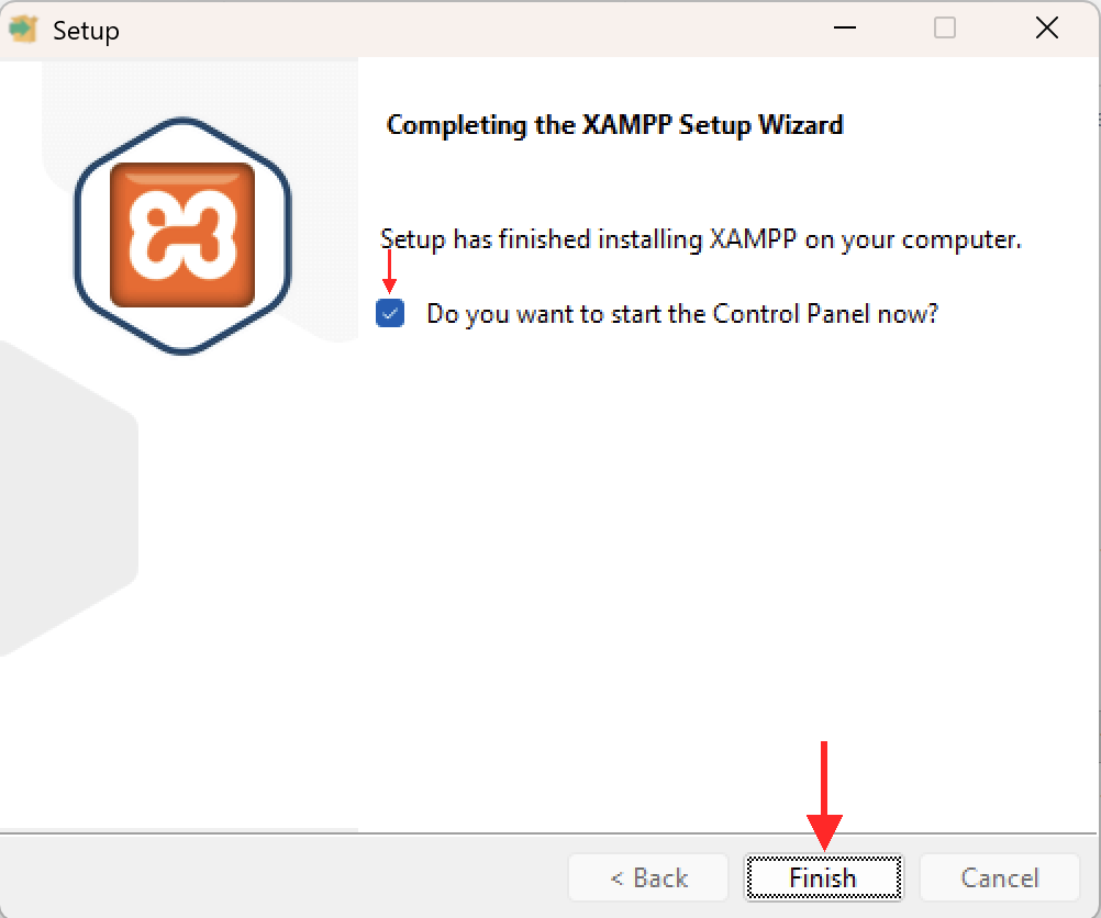 XAMPP セットアップウィザードの完了画面で『Do you want to start the Control Panel now?』にチェックが入った状態、『Finish』ボタンに赤い矢印