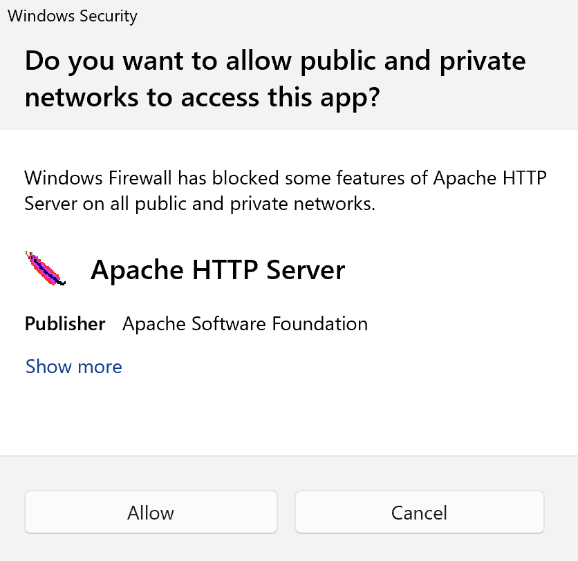 Windows Firewall の通知ダイアログで Apache HTTP Server に対して『Allow』または『Cancel』を選ぶ画面