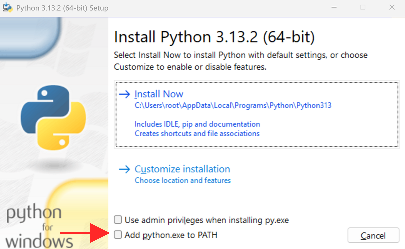 Pythonインストーラー — Add python.exe to PATH にチェックを入れる