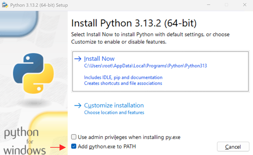 Add python.exe to PATH にチェック済み