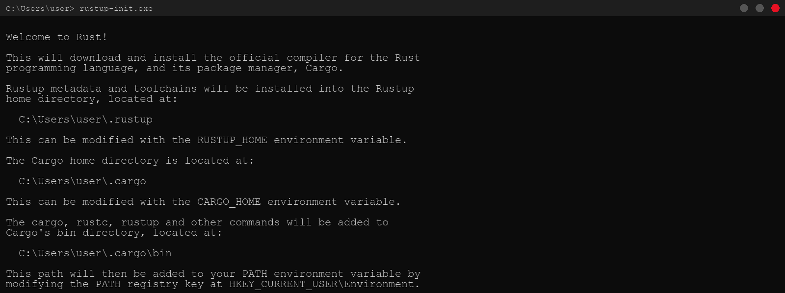 rustup-init.exe の起動画面で Welcome to Rust! メッセージ