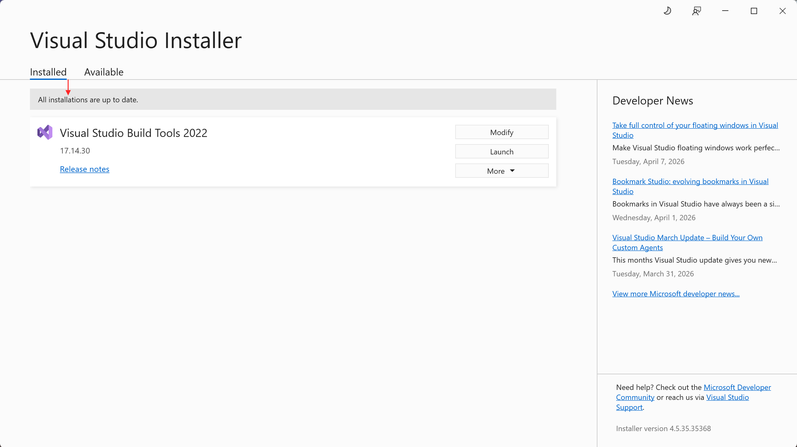 Visual Studio Build Tools のインストール完了画面
