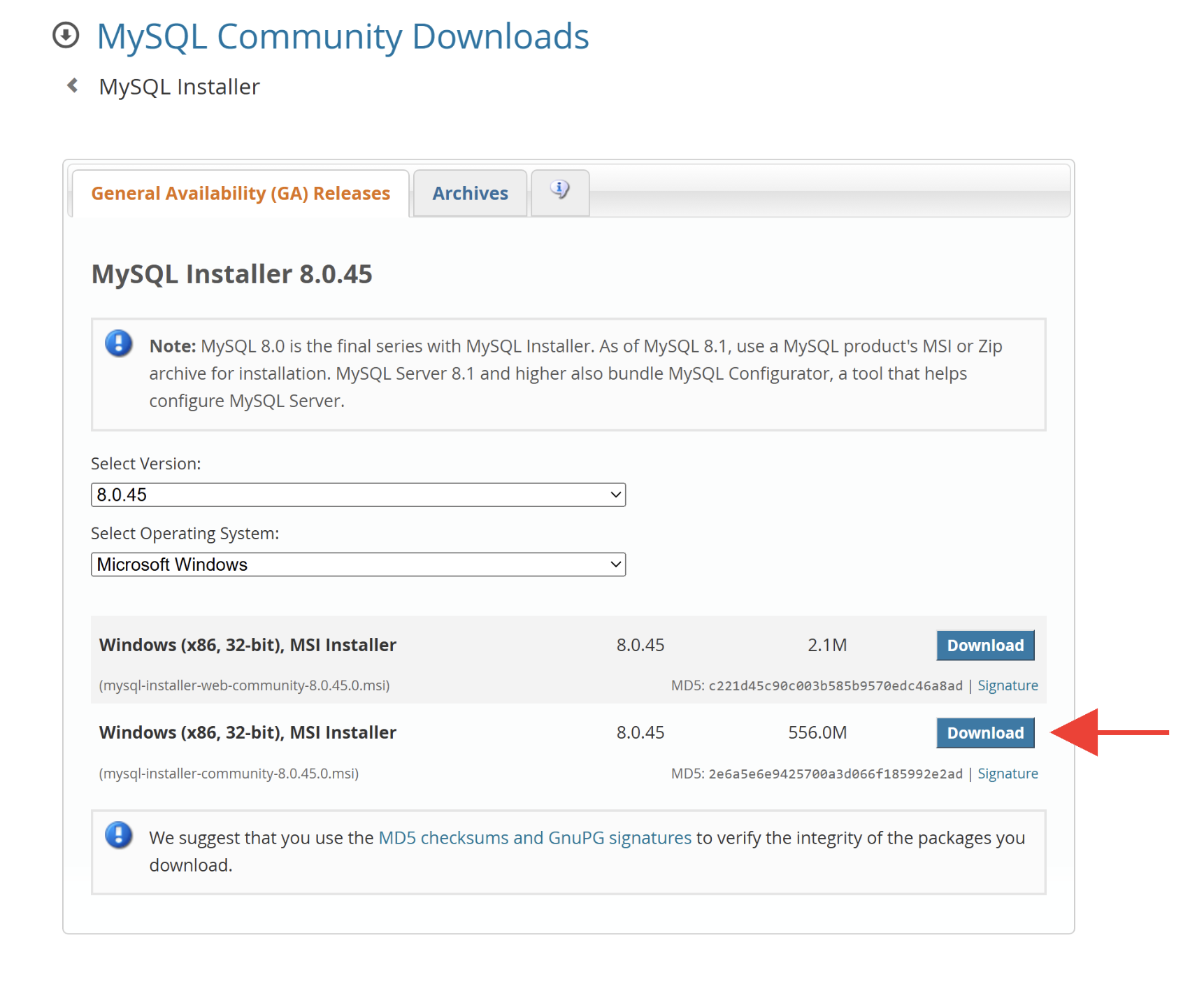 MySQL 公式 DL ページで MSI ダウンロードリンクに赤矢印