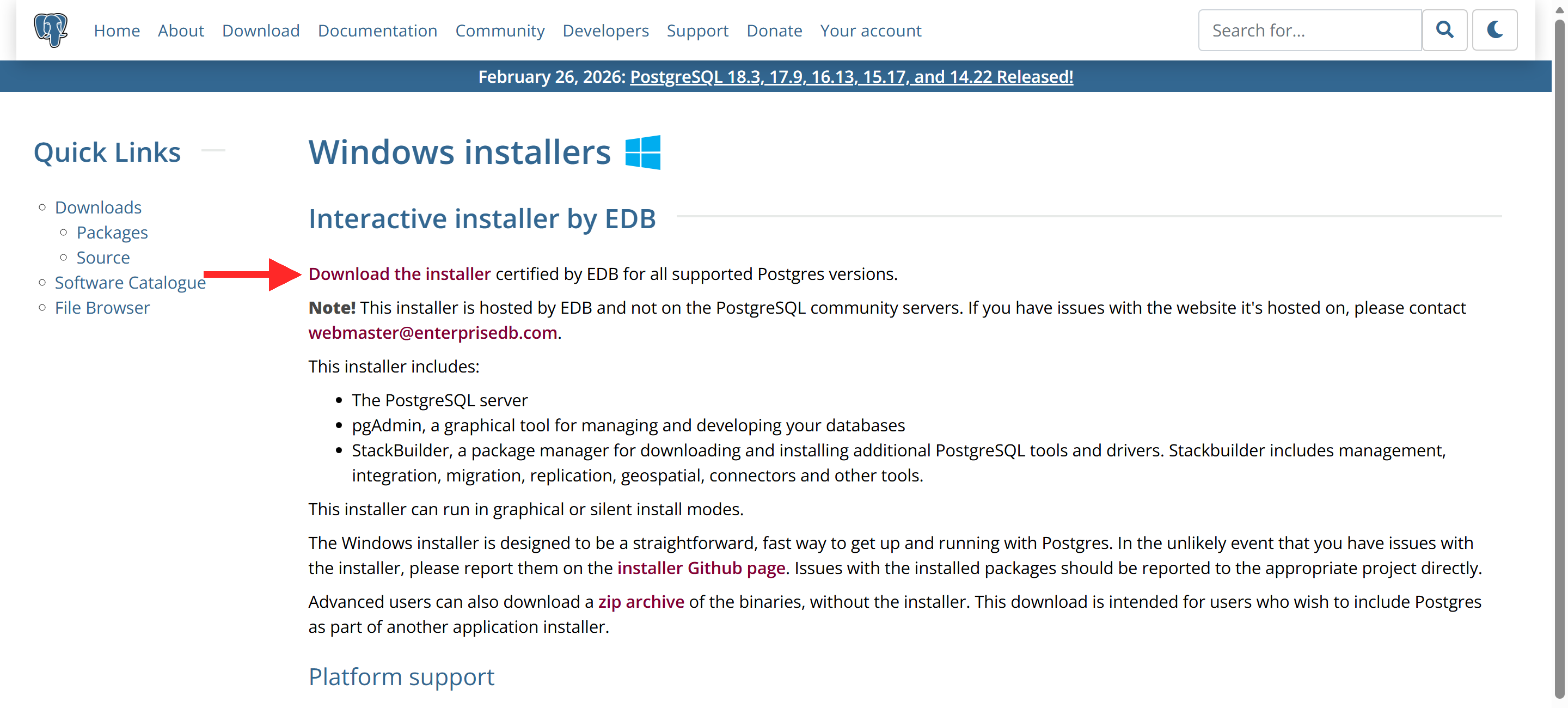 PostgreSQL 公式ダウンロードページで Windows インストーラリンクに赤矢印