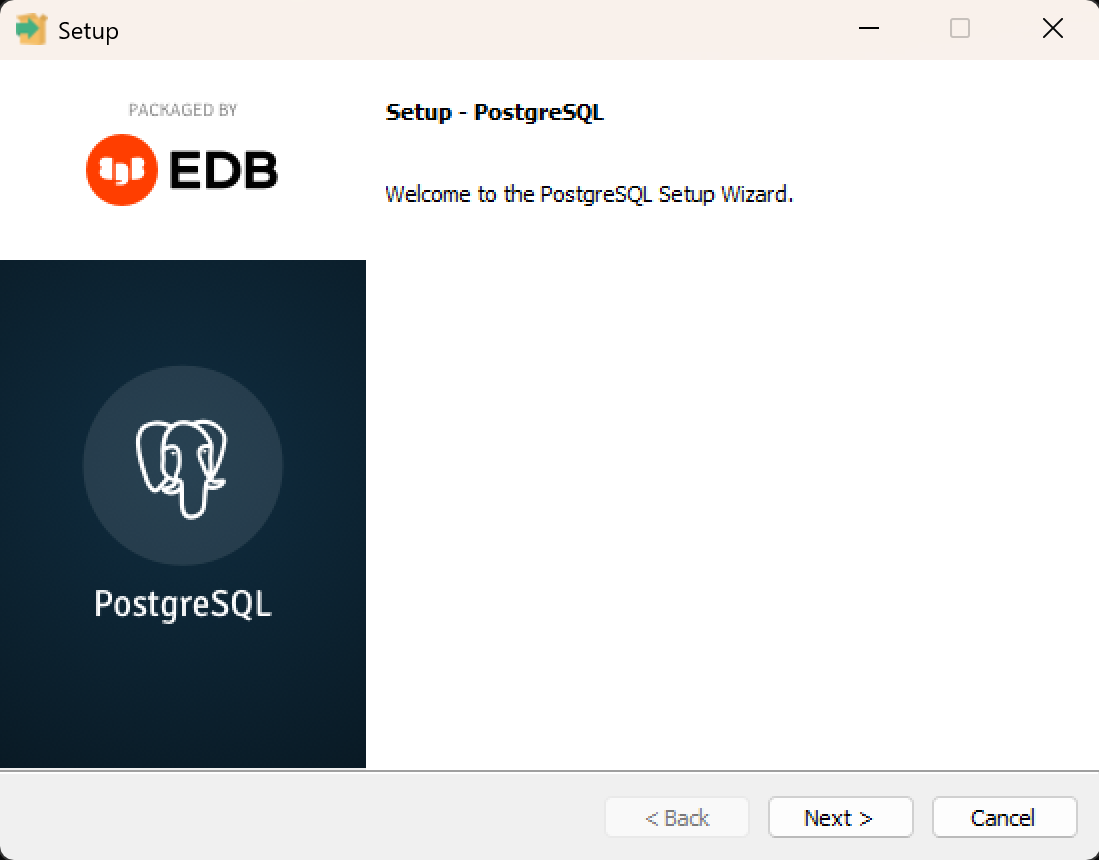 PostgreSQL Setup ウィザードの Welcome 画面