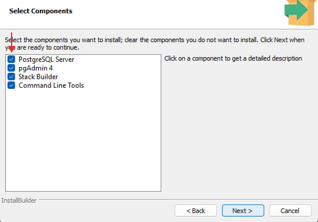 PostgreSQL Setup の Select Components 画面（全コンポーネントチェック済み）