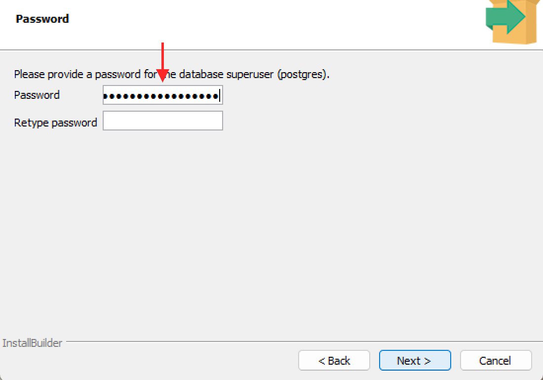 PostgreSQL Setup のスーパーユーザーパスワード設定画面